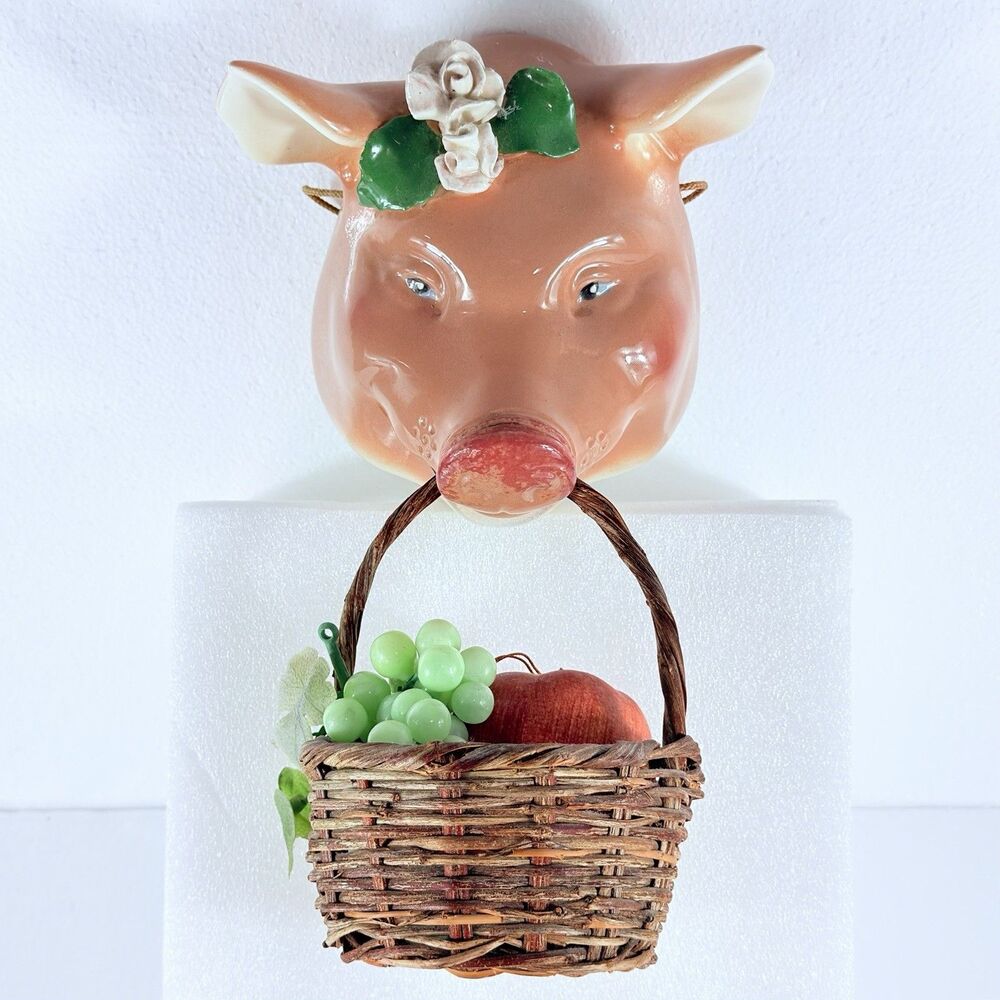 Vintage Ceramic Pig Head Wall Hanging Basket With Fruit Sculpture Farmhouse